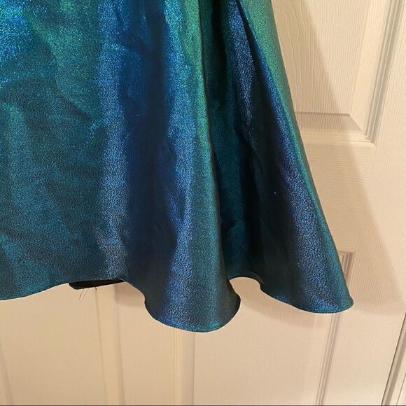 Blondie Nites A-Line Dress Junior Cage-Back Pleated Metallic Blue 11 - Picture 4 of 9